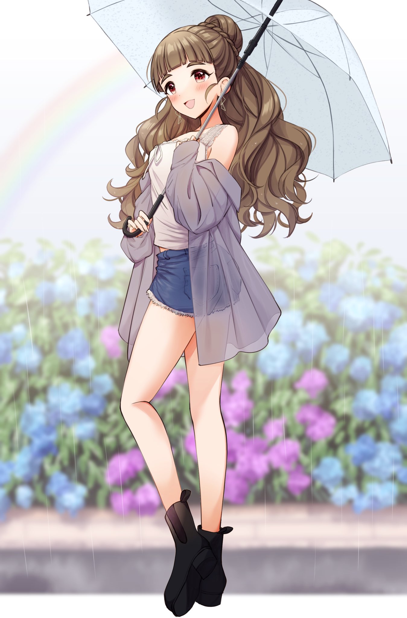 1girl, ankle_boots, bare_shoulders, blunt_bangs, blush, boots, breasts, brown_hair, bush, collarbone, denim, denim_shorts, earrings, flower, full_body, hair_bun, highres, holding, holding_umbrella, hydrangea, idolmaster, idolmaster_cinderella_girls, idolmaster_cinderella_girls_starlight_stage, jacket, jewelry, kamiya_nao, long_hair, looking_at_another, medium_breasts, midriff_peek, neru5, open_mouth, rain, rainbow, red_eyes, see-through, see-through_jacket, shirt, shorts, single_hair_bun, sleeveless, sleeveless_shirt, smile, solo, thick_eyebrows, triangle_earrings, umbrella, white_shirt