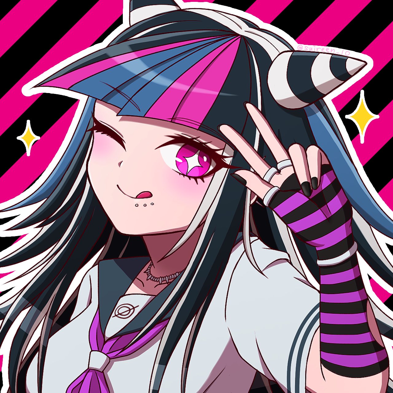 1girl, ;q, artist_name, black_background, black_hair, black_nails, black_sailor_collar, danganronpa_(series)