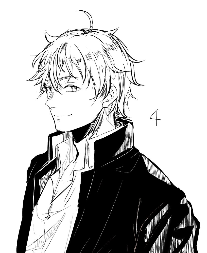 1boy, ahoge, closed_mouth, collared_shirt, gakuran, greyscale, looking_at_viewer, male_focus