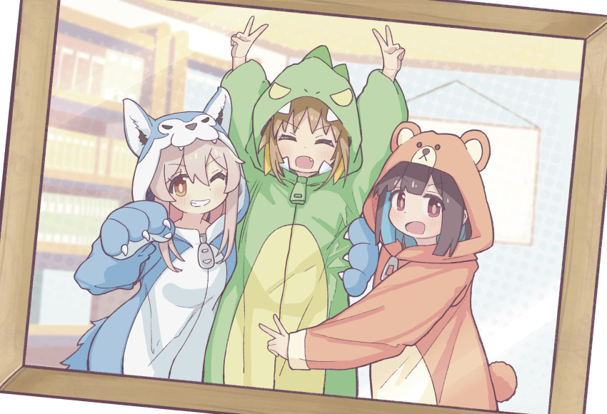 3girls, :d, ;), ^_^, absurdres, animal_costume, animal_hands, arms_up, bear_costume, blue_hair, blunt_bangs, bookshelf, brown_eyes, brown_hair, closed_eyes, colored_inner_hair, commentary, dinosaur_costume, double_v, facing_viewer, fang, gloves, grey_hair, grin, hair_between_eyes, highres, hood, hood_up, hozuki_momiji, indoors, light_blush, looking_at_viewer, matching_outfit, multicolored_hair, multiple_girls, oka_asahi, one_eye_closed, onesie, onii-chan_wa_oshimai!, open_mouth, oyama_mahiro, paw_gloves, photo_(medium), smile, tsubatya, two-tone_hair, v, wolf_costume, zipper_pull_tab