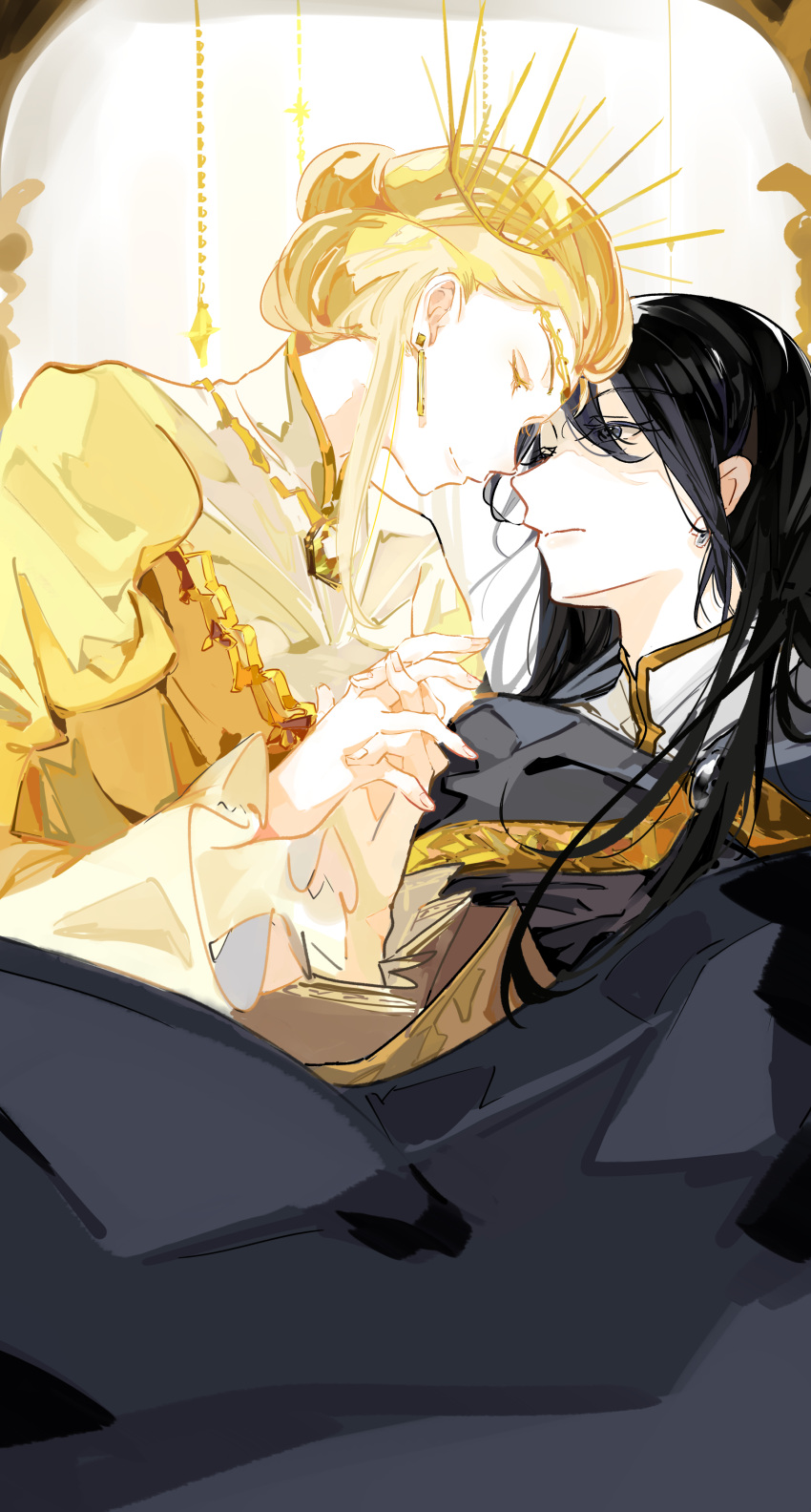 1boy, 1girl, absurdres, black_hair, blonde_hair, cape, chain, circlet