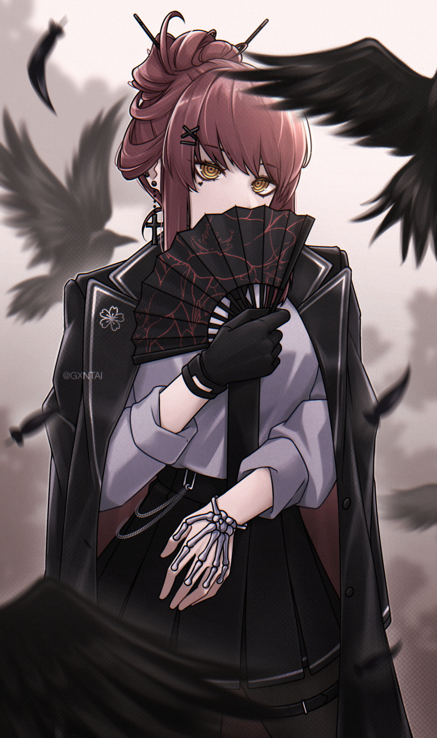absurdres, bird, black_coat, black_gloves, black_necktie, black_skirt, bone_bracelet, chainsaw_man