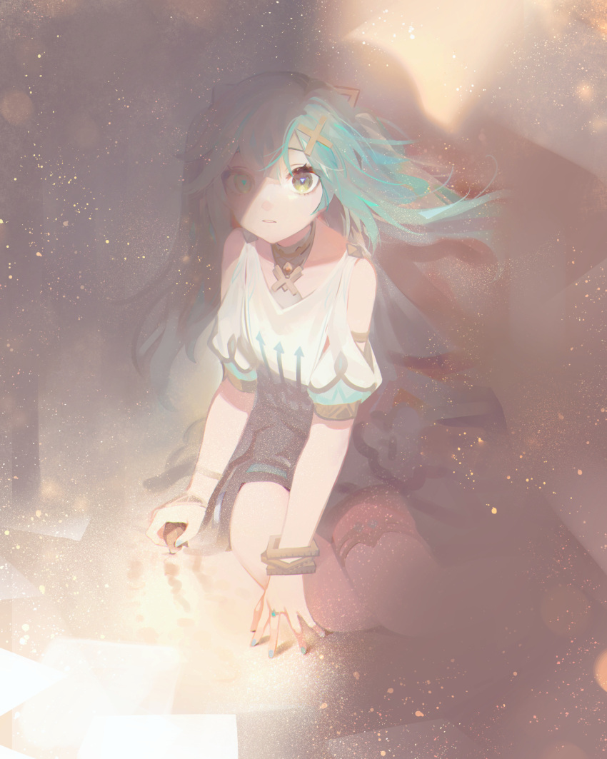 1girl, aqua_hair, aqua_nails, bracelet, clothing_cutout, commentary_request, dress, dust