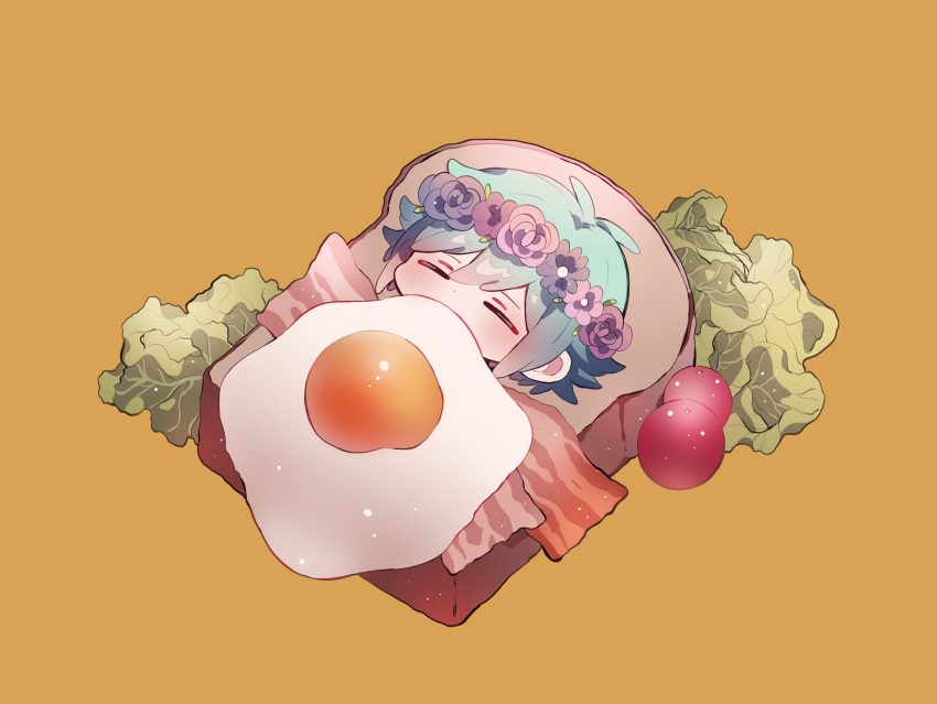 1boy, bacon, basil_(omori), bread, cherry_tomato, chibi, closed_eyes, flower