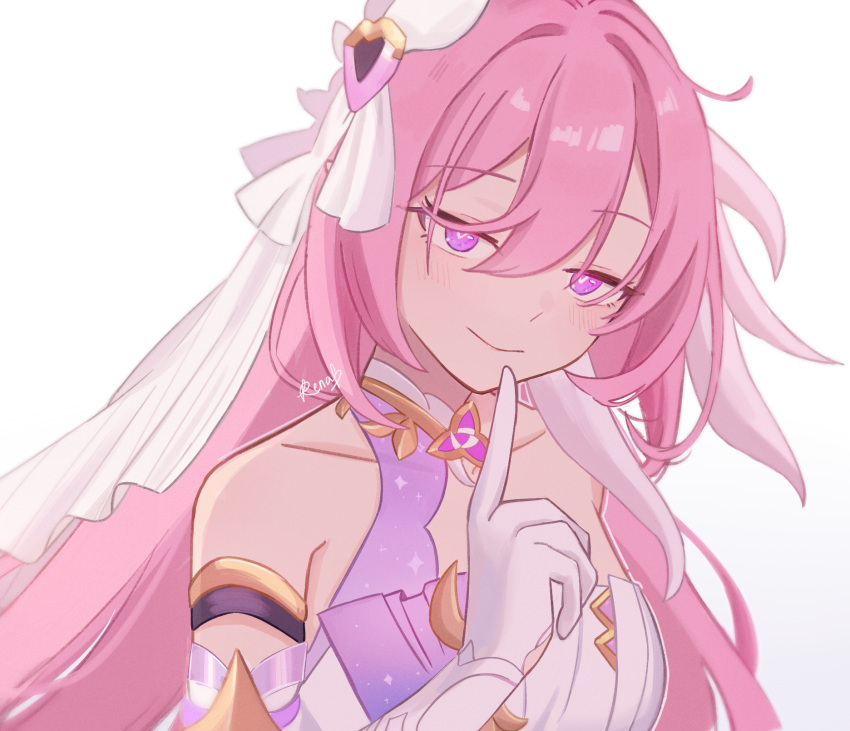 1girl, bare_shoulders, closed_mouth, collarbone, elf, elysia_(herrscher_of_human:ego)_(honkai_impact), elysia_(honkai_impact), gloves, hair_ornament, highres, honkai_(series), honkai_impact_3rd, long_hair, looking_at_viewer, pink_eyes, pink_hair, pointy_ears, rena_(_rrena), simple_background, smile, solo, upper_body, veil, very_long_hair, white_background, white_gloves