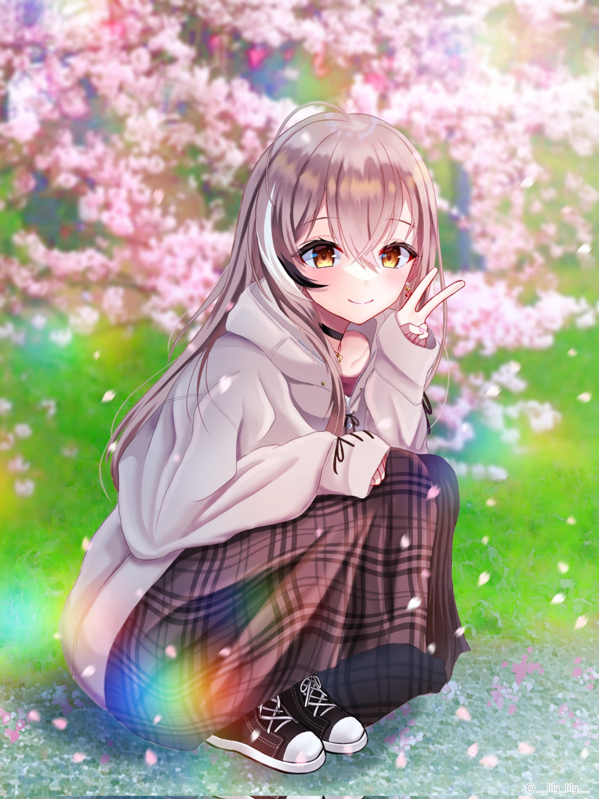 1girl, ahoge, berry, black_choker, brown_eyes, brown_footwear, brown_hair, brown_hoodie