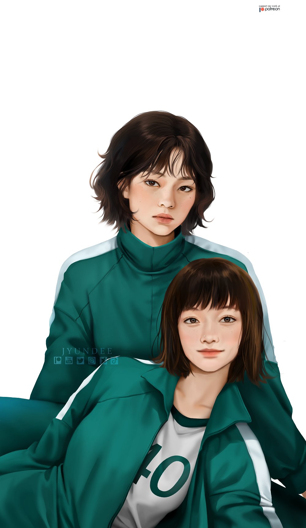 2girls, brown_eyes, brown_hair, closed_mouth, freckles, green_jacket, green_pants, green_track_suit