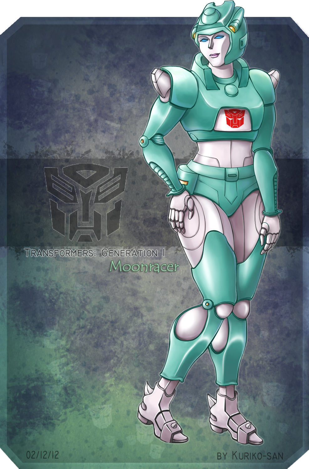 1girl, autobot, blue_eyes, breasts, colored_skin, green_panties, hand_on_own_thigh, highres