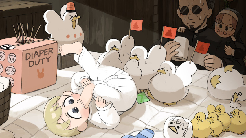 >_<, 1boy, 2girls, @_@, aged_down, baby, barefoot, bird