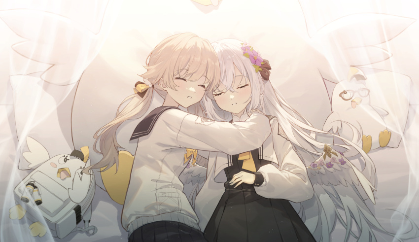 2girls, azusa_(blue_archive), black_sailor_collar, black_skirt, blue_archive, blush, bow, closed_eyes