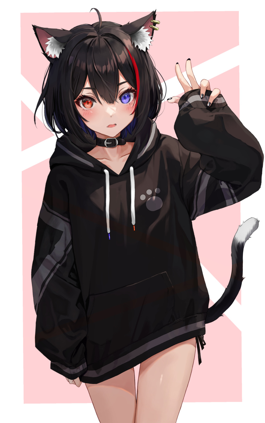 1girl, absurdres, animal_ears, black_hair, black_hoodie, blue_eyes, blue_hair, cat_ears, cat_girl, cat_tail, collar, earrings, heterochromia, highres, hood, hood_down, hoodie, indie_virtual_youtuber, jewelry, keity_tan, long_sleeves, multicolored_hair, no_pants, okamoto_muon, puffy_long_sleeves, puffy_sleeves, red_eyes, redhead, short_hair, tail, virtual_youtuber, w