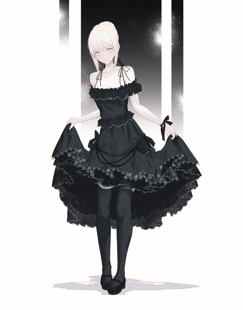 1girl, alternate_costume, artoria_pendragon_(fate), black_dress, black_footwear, black_pantyhose, black_ribbon, blonde_hair, braid, commentary, dress, english_commentary, fate/grand_order, fate/stay_night, fate_(series), fov_ps, french_braid, frilled_dress, frills, hair_ribbon, highres, looking_at_viewer, off-shoulder_dress, off_shoulder, pale_skin, pantyhose, ribbon, saber_alter, shadow, short_hair, skirt_hold, sleeveless, sleeveless_dress, solo, yellow_eyes