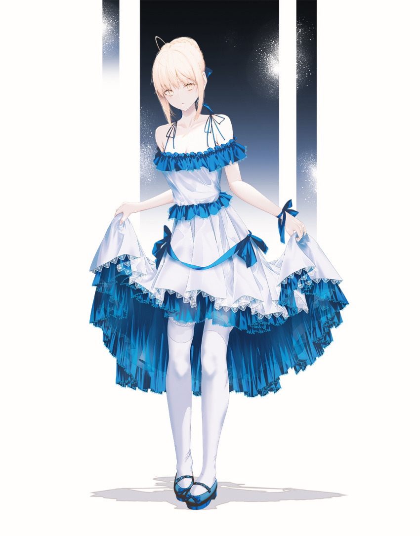 1girl, ahoge, alternate_costume, alternate_eye_color, artoria_pendragon_(fate), bare_shoulders, blonde_hair, blue_dress