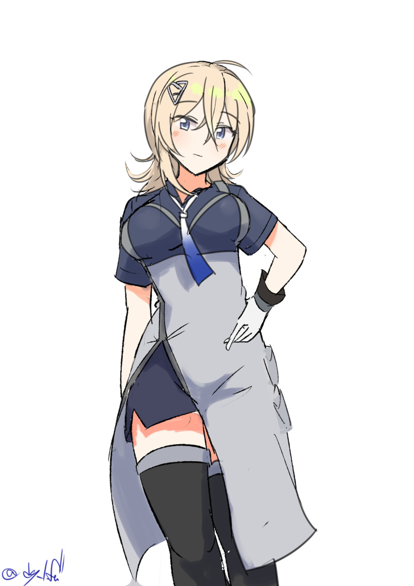 1girl, absurdres, black_thighhighs, blonde_hair, blue_eyes, blue_neckerchief, breasts, gloves