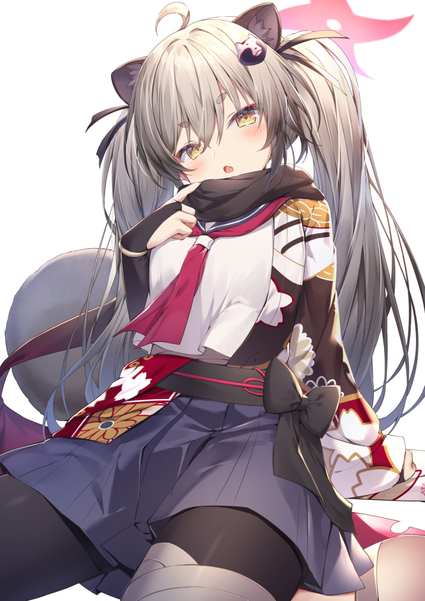 1girl, ahoge, animal_ear_fluff, animal_ears, bandaged_leg, bandages, black_gloves, black_pantyhose