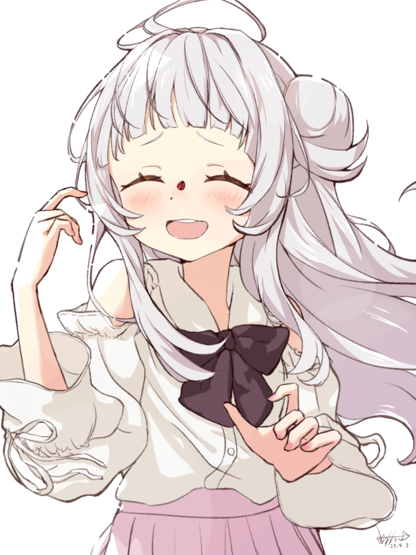 1girl, :d, ahoge, babinch, black_bow, black_bowtie, blunt_bangs, blush
