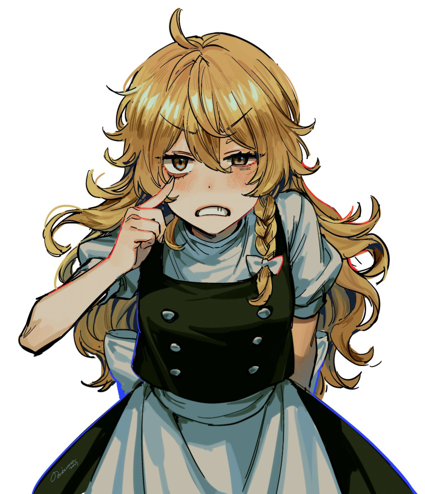 1girl, angry, artist_name, black_dress, blonde_hair, bow, brown_eyes, dress
