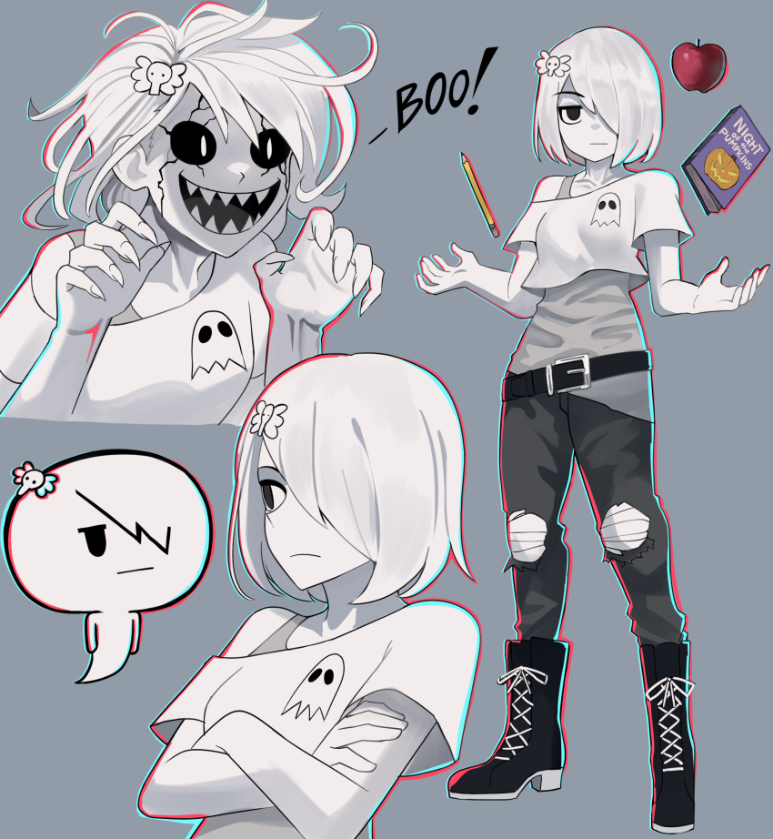1girl, apple, belt, book, carrie_krueger, clip_studio_paint_(medium), crop_top, food, fruit, full_body, ghost, gothic, grey_background, hair_over_one_eye, highres, jourd4n, pencil, personification, sharp_teeth, short_hair, simple_background, single_bare_shoulder, tank_top, teeth, telekinesis, the_amazing_world_of_gumball, white_hair