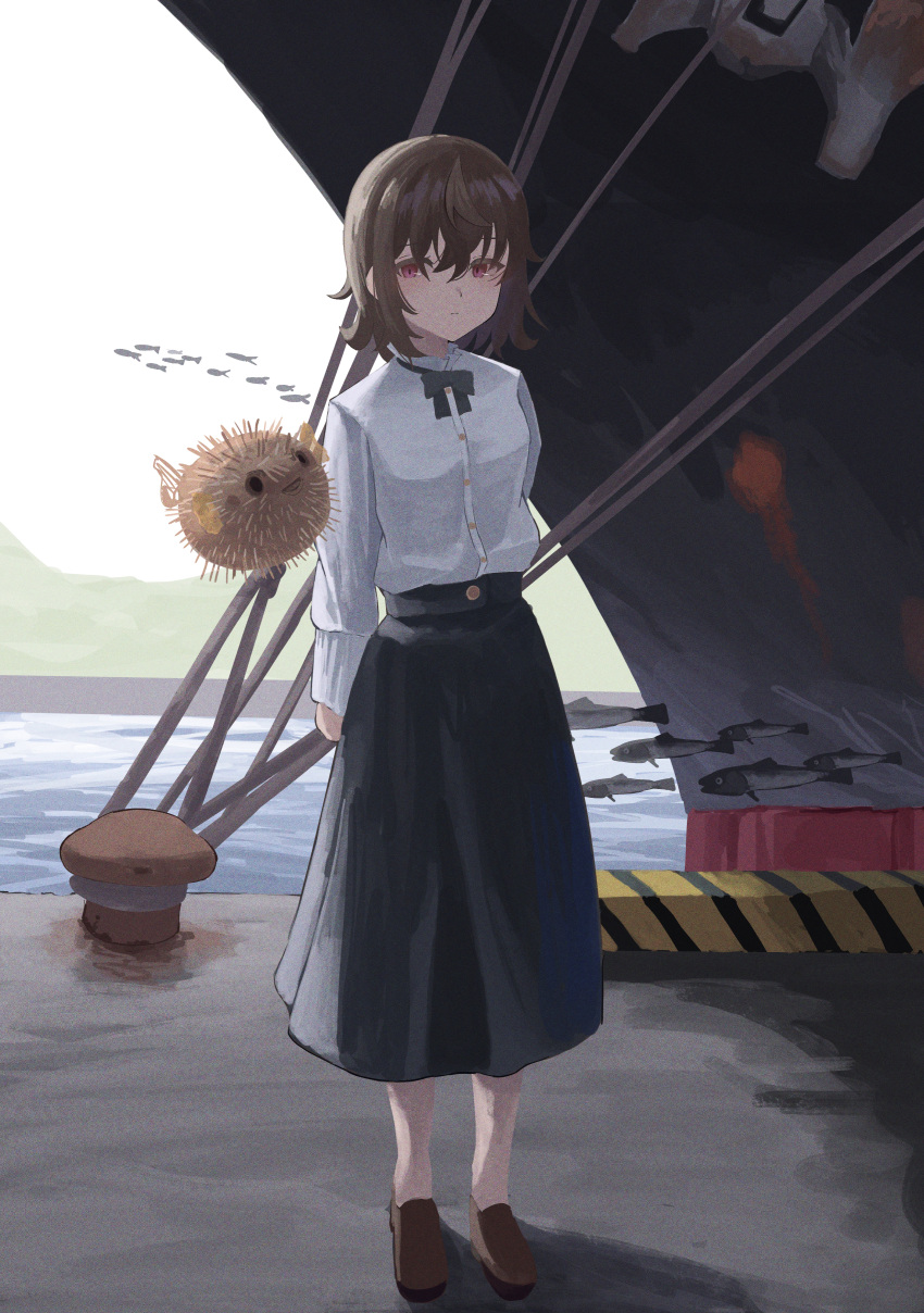 1girl, absurdres, black_bow, black_skirt, boat, bow, brown_footwear, brown_hair