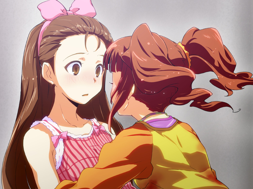 bare_shoulders, blush, bow, brown_eyes, brown_hair, dress, hairband, hug