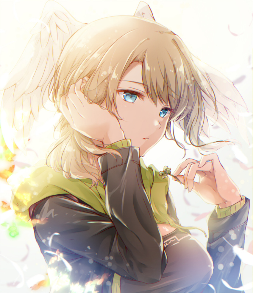 1girl, black_bodysuit, black_jacket, blue_eyes, bodysuit, breasts, brown_hair, clover