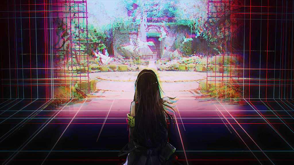 1girl, bird, black_hair, chromatic_aberration, clothes_around_waist, cyberspace, day, flock, from_behind, game_cg, garden, gate, girls_frontline, green_armband, green_hair, hairband, infukun, jacket, jacket_around_waist, long_hair, m4a1_(girls'_frontline), multicolored_hair, official_art, patio, patio_swing, plant, sleeveless, solo, spoilers, streaked_hair, very_long_hair, vines