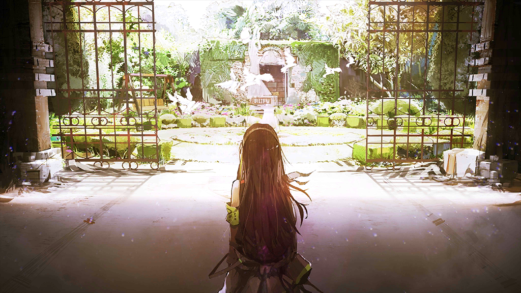 1girl, bird, black_hair, clothes_around_waist, day, flock, from_behind, game_cg