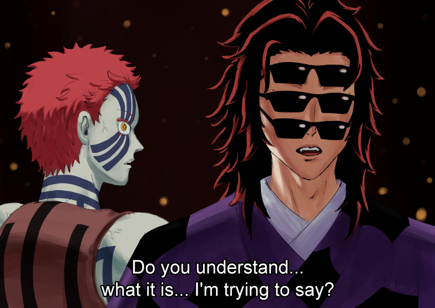 2boys, akaza_(kimetsu_no_yaiba), blue_sclera, body_markings, brown_hair, colored_eyelashes, colored_sclera, english_text