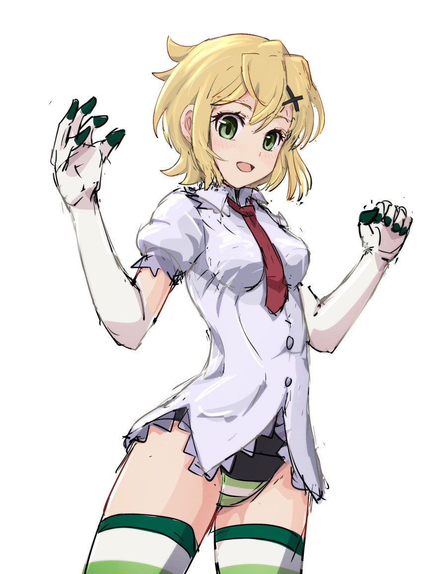 1girl, akatsuki_kirika, blonde_hair, breasts, gloves, green_eyes, green_leotard, hair_ornament, highres, leotard, leotard_under_clothes, looking_at_viewer, lydian_academy_school_uniform, medium_breasts, necktie, no_pants, school_uniform, senki_zesshou_symphogear, short_hair, smile, solo, striped, striped_thighhighs, suzunarisakuya, thigh-highs