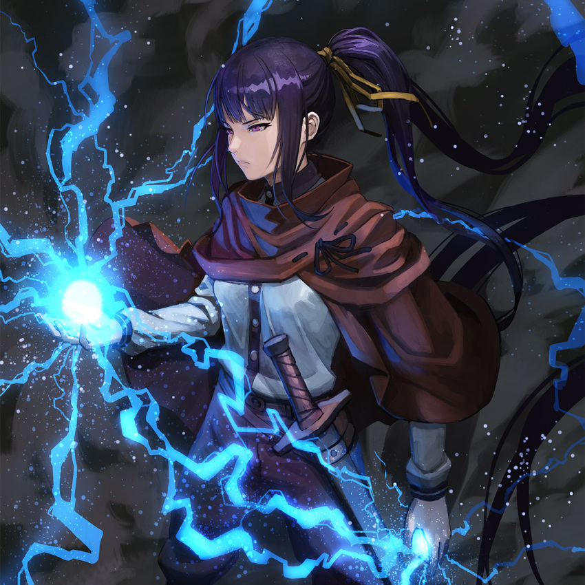 1girl, belt, black_hair, black_ribbon, brown_pants, cape, closed_mouth, commentary_request