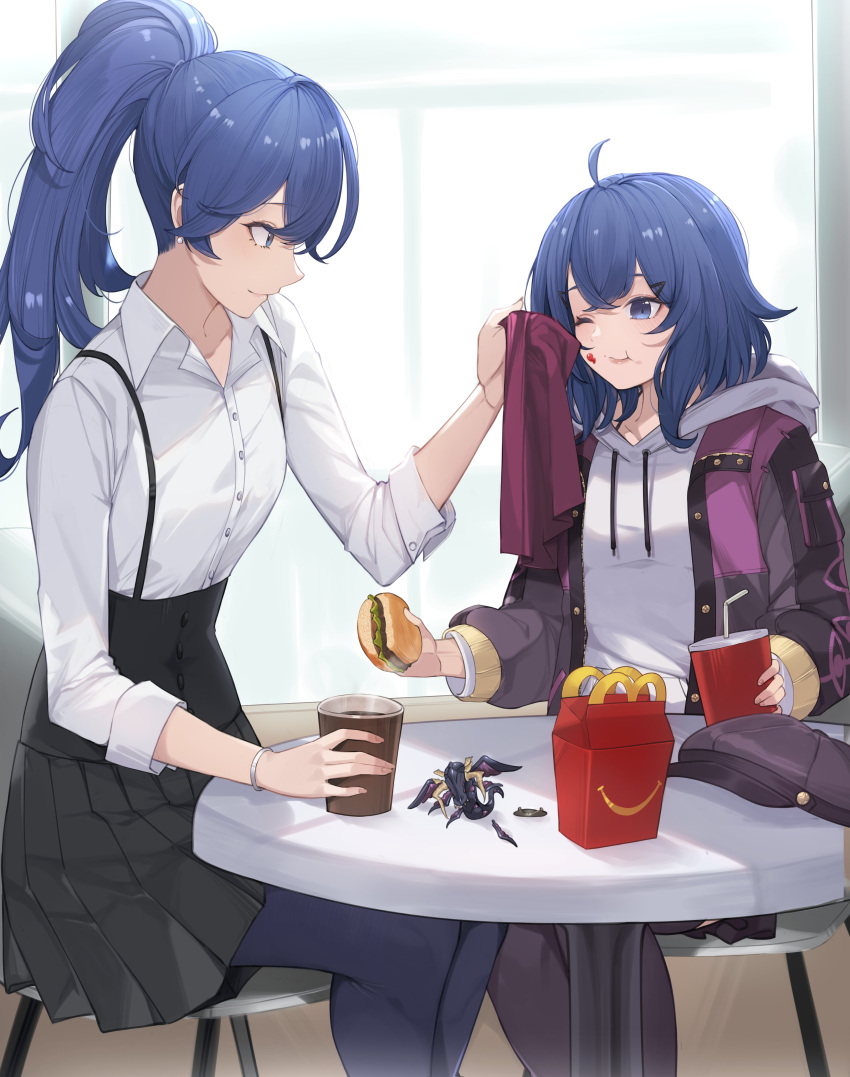 2girls, absurdres, adapted_costume, ahoge, alternate_hairstyle, black_pantyhose, black_skirt, blue_eyes
