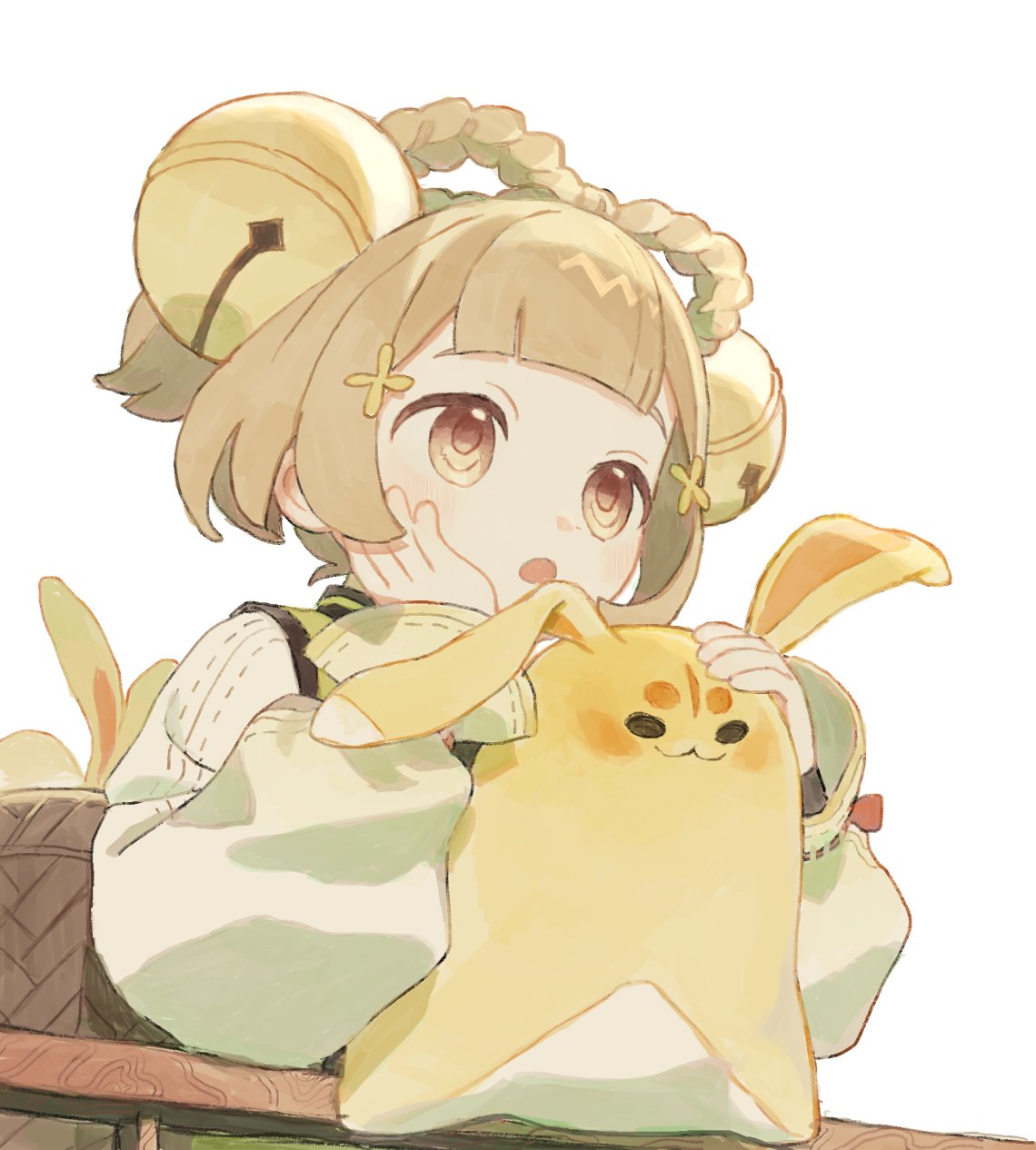 1girl, :3, :o, aahaha_(ydasige11), basket, bell, blush, bow-shaped_hair