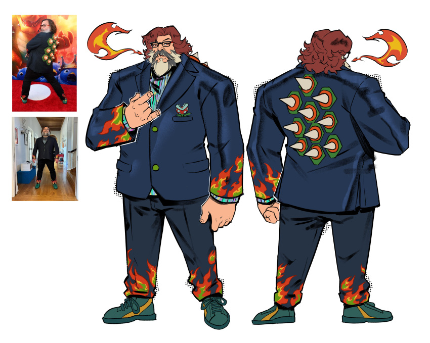 1boy, \m/, absurdres, beard, blue_jacket, blue_pants, blue_shirt, bowser
