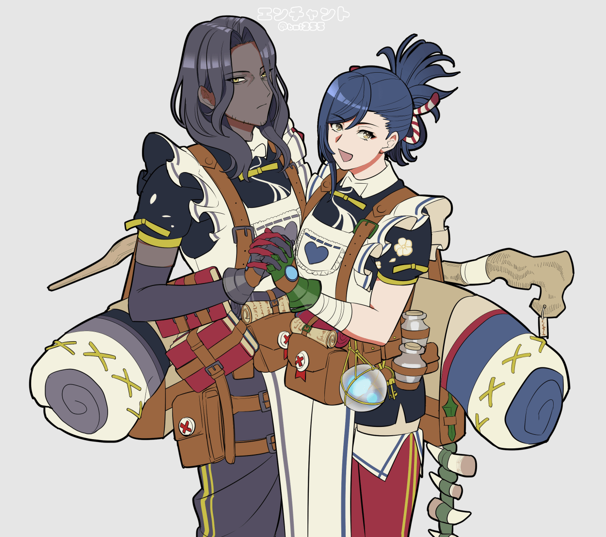 2boys, androgynous, blue_hair, dark_skin, esu_(b_r9), fire_emblem, fire_emblem_engage, frills