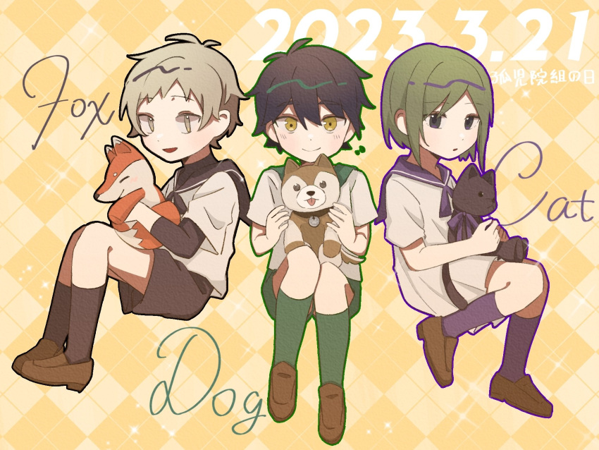 1girl, 2boys, aged_down, animal_name, argyle, argyle_background, black_cat, black_collar