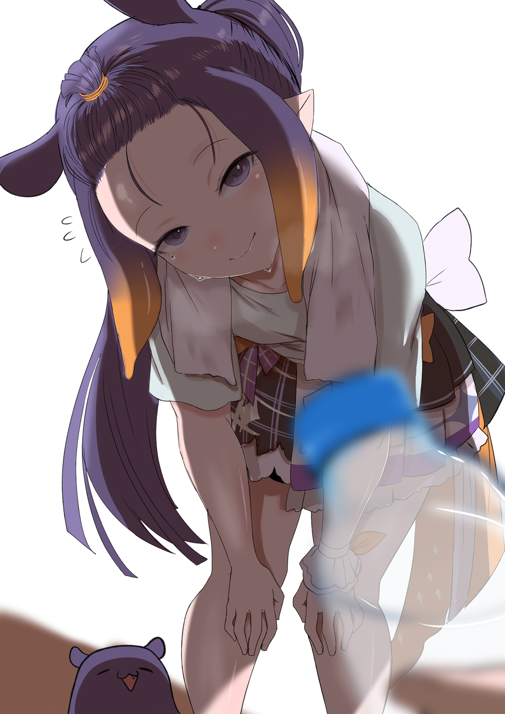 1girl, alternate_costume, back_bow, bare_shoulders, black_eyes, black_hair, black_skirt, blurry