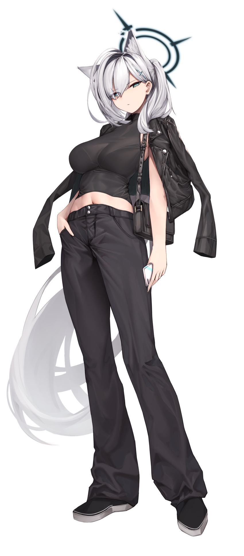 1girl, abs, absurdres, alternate_costume, animal_ear_fluff, animal_ears, bag, black_shirt