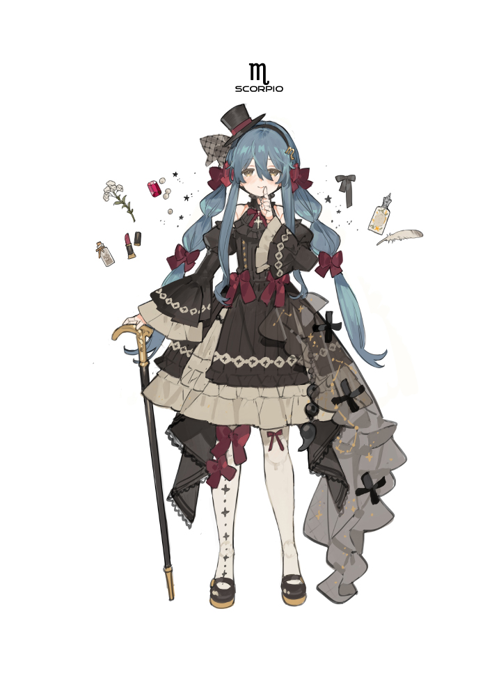 1girl, bare_shoulders, black_bow, black_collar, black_dress, black_footwear, black_headband, black_headwear, blush, bottle, bow, cane, collar, constellation, cross, doll_joints, dress, finger_to_mouth, flower, frills, gem, grey_eyes, hair_between_eyes, hair_bow, hair_ornament, hand_up, hat, headband, joints, light_smile, lipstick, makeup, multiple_hair_bows, original, pearl_(gemstone), red_bow, red_gemstone, scorpio_(zodiac), smile, starshadowmagician, top_hat, white_background, white_flower, zodiac