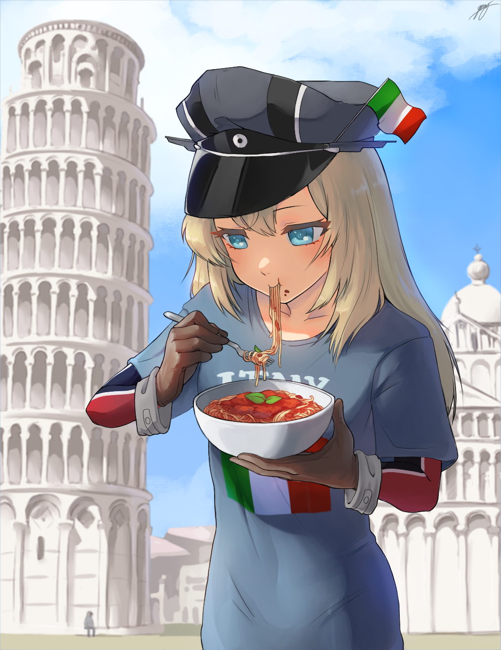 bismarck_(kancolle), blonde_hair, blue_eyes, blue_shirt, bowl, clouds, collarbone, eating, food, fork, gloves, hat, highres, holding, holding_bowl, holding_fork, indiana_georg, italian_flag, kantai_collection, leaning_tower_of_pisa, long_hair, military_hat, outdoors, pasta, shirt, sky, spaghetti
