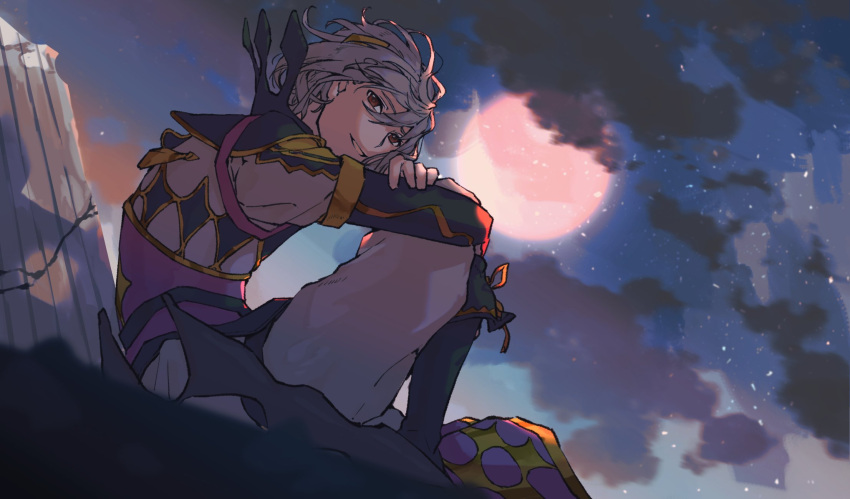 1boy, arms_on_knees, boots, fire_emblem, fire_emblem_engage, hair_ornament, high_collar, highres