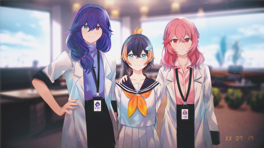 3girls, black_sailor_collar, black_skirt, blue_eyes, blurry, blurry_background, braid, crown_braid, fish_hair_ornament, flower, hair_between_eyes, hair_flower, hair_ornament, hand_on_another's_shoulder, hand_on_own_hip, heterochromia, highres, humanization, id_card, looking_at_viewer, medium_hair, multicolored_hair, multiple_girls, neckerchief, nijisanji, nijisanji_en, noa_(aeru_studio), obsydia_(nijisanji), orange_hair, parted_lips, petra_gurin, pink_hair, pink_shirt, pleated_skirt, purple_shirt, purple_sweater, red_flower, red_rose, rose, rosemi_lovelock, sailor_collar, school_uniform, second-party_source, selen_tatsuki, serafuku, shirt, short_hair, skirt, smile, straight-on, streaked_hair, sweater, sweater_tucked_in, timestamp, violet_eyes, virtual_youtuber, white_skirt, yellow_neckerchief