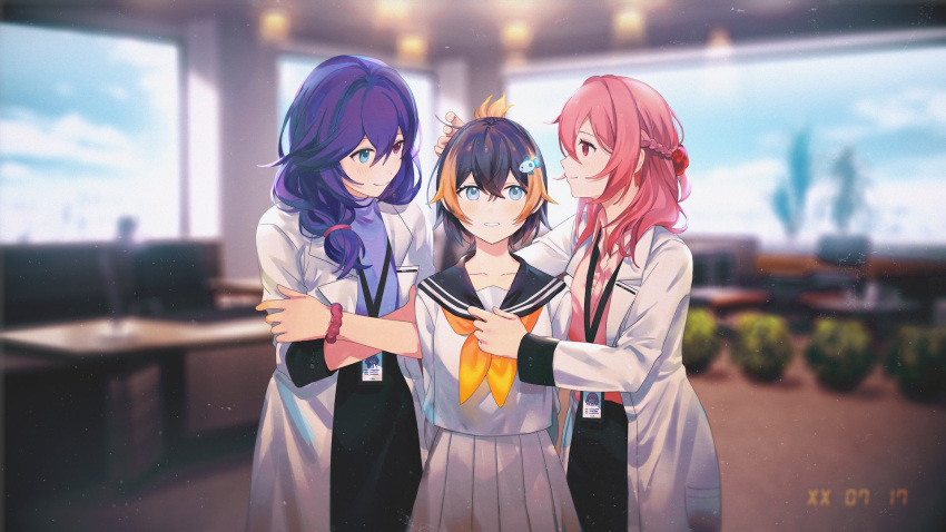 3girls, black_sailor_collar, black_skirt, blue_eyes, blurry, blurry_background, braid, crown_braid, fish_hair_ornament, flower, hair_between_eyes, hair_flower, hair_ornament, heterochromia, highres, humanization, id_card, looking_at_another, looking_down, looking_to_the_side, medium_hair, multicolored_hair, multiple_girls, neckerchief, nijisanji, nijisanji_en, noa_(aeru_studio), obsydia_(nijisanji), orange_hair, parted_lips, petra_gurin, pink_hair, pink_shirt, pleated_skirt, purple_shirt, purple_sweater, red_flower, red_rose, rose, rosemi_lovelock, sailor_collar, school_uniform, second-party_source, selen_tatsuki, serafuku, shirt, short_hair, skirt, smile, straight-on, streaked_hair, sweater, sweater_tucked_in, timestamp, violet_eyes, virtual_youtuber, white_skirt, yellow_neckerchief