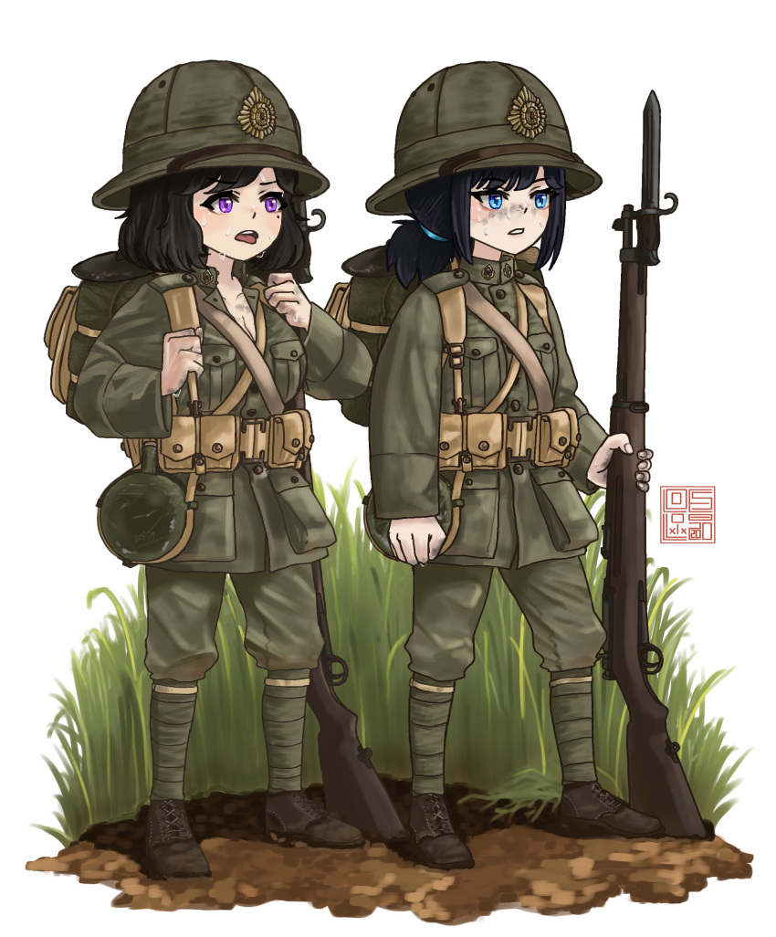 2girls, absurdres, arisaka, backpack, bag, bayonet, black_hair, bolt_action