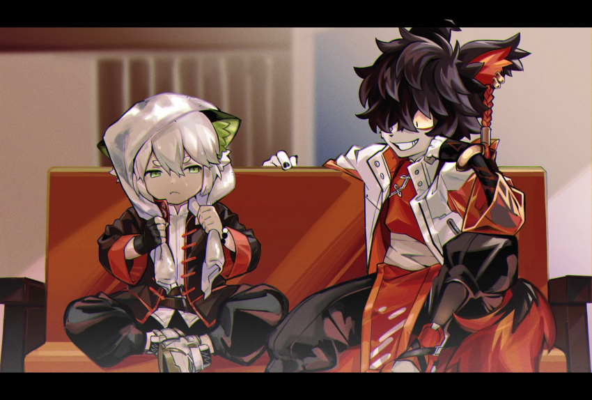 2boys, aak_(arknights), animal_ears, arknights, black_hair, bracelet, cat_boy, cat_ears, couch, dashijiru, ear_piercing, fingerless_gloves, gloves, green_eyes, grin, highres, jewelry, letterboxed, luoxiaohei, male_focus, multiple_boys, piercing, single_fingerless_glove, sitting, smile, the_legend_of_luo_xiaohei, towel, towel_on_head, white_hair