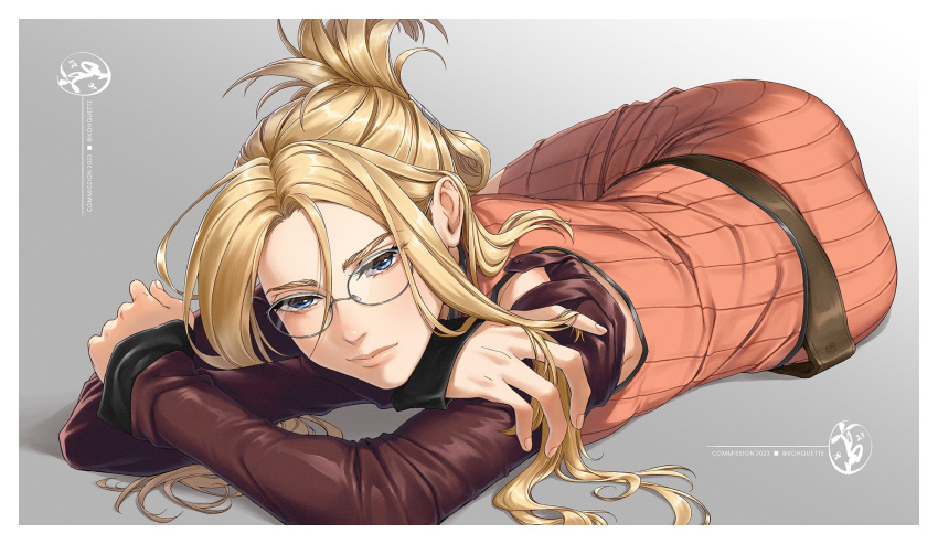 1girl, ass, belt, blonde_hair, blue_eyes, blush, crossed_arms, detached_sleeves, dress, final_fantasy, final_fantasy_viii, folded_ponytail, glasses, highres, irene_koh, lips, long_hair, looking_at_viewer, lying, on_side, quistis_trepe, ribbed_dress, signature, simple_background, solo, twitter_username
