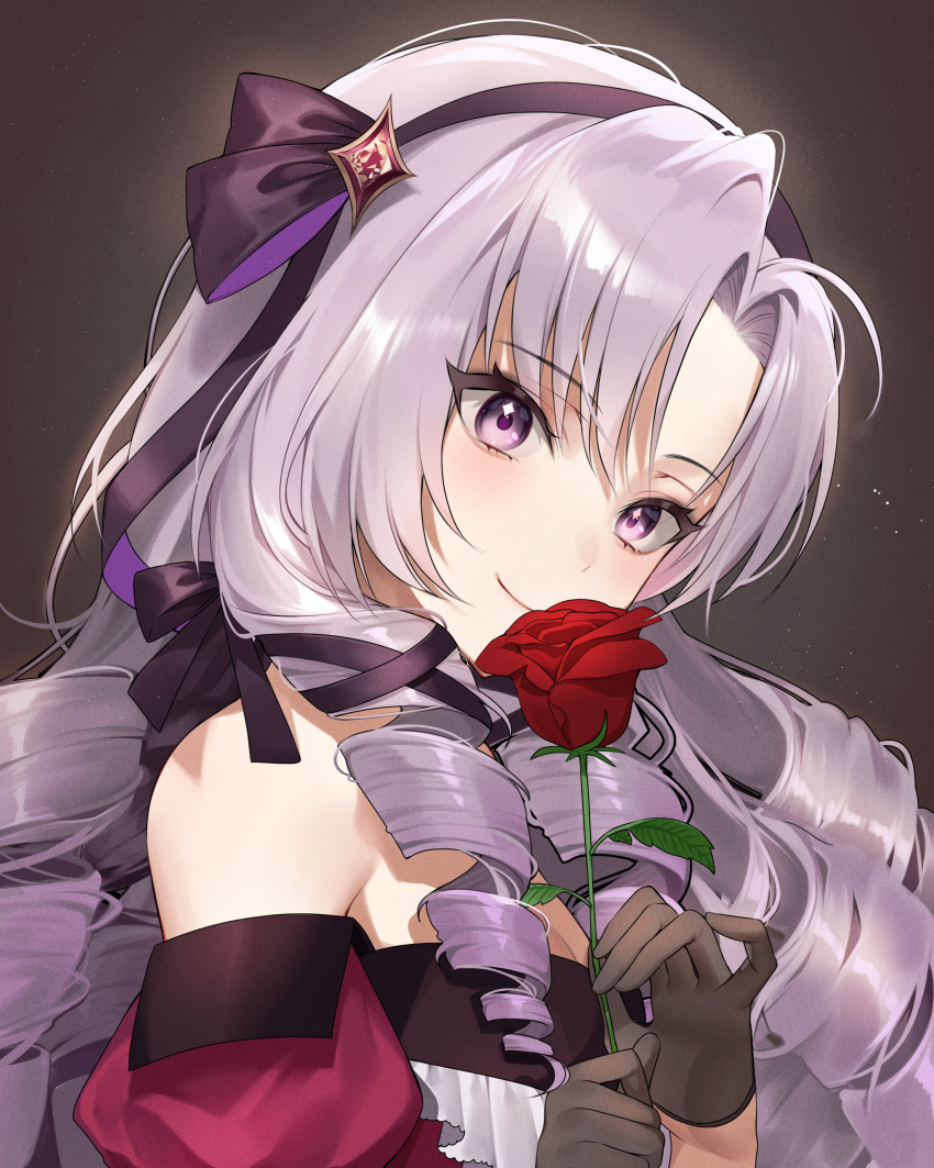 1girl, absurdres, black_background, black_gloves, black_hairband, black_ribbon, blush, closed_mouth