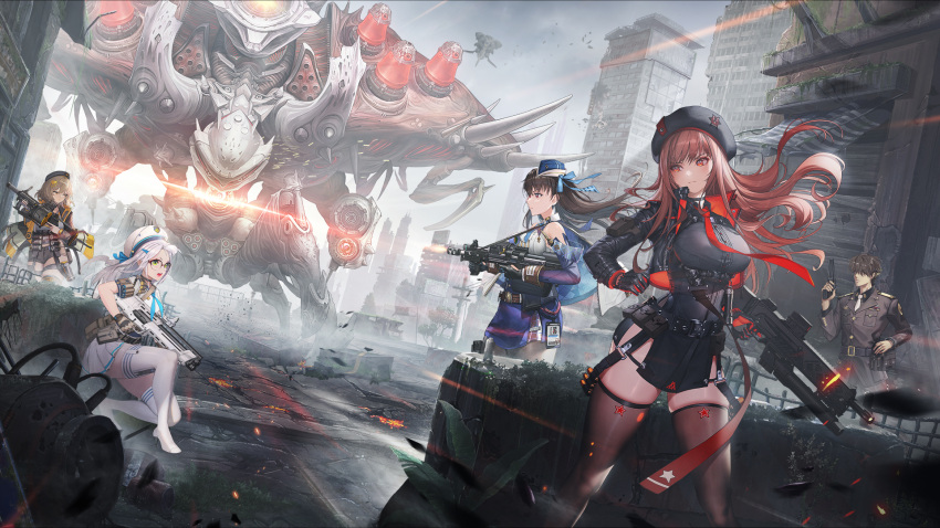 1boy, 4girls, anis_(nikke), artist_request, assault_rifle, beret, black_footwear, black_gloves