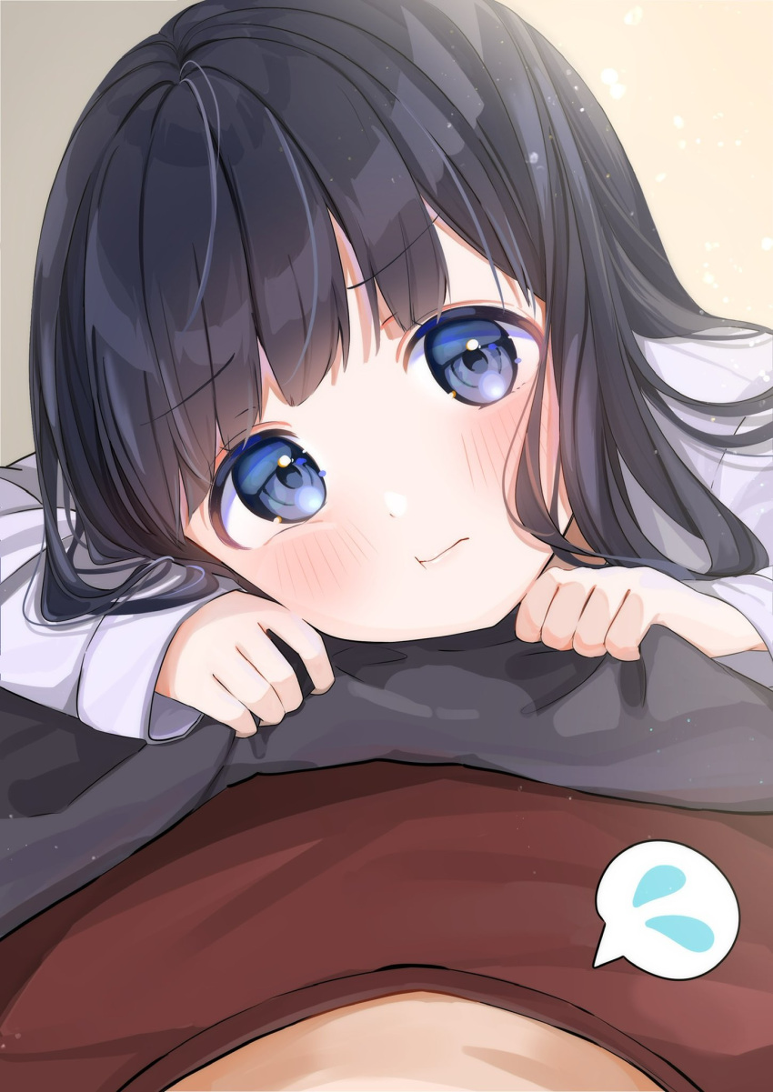 1boy, 1girl, :t, black_hair, blue_eyes, blush, brown_shirt, buntason_(buritarooooo)