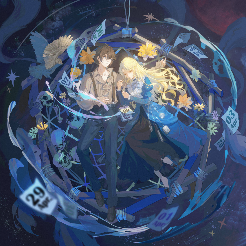 1boy, 1girl, abstract_background, absurdres, aurore_lee, belt, bird, black_footwear, black_hair, black_pants, black_skirt, blonde_hair, blue_dress, blue_eyes, brother_and_sister, brown_shirt, calendar_(object), circle_of_inevitability, closed_eyes, danhuangmiao, dream_catcher, dress, flower, highres, lizard, long_hair, looking_at_another, lord_of_the_mysteries, lumian_lee, moon, owl, pants, red_moon, shaded_face, shirt, siblings, skirt, skull, suspenders, tattoo