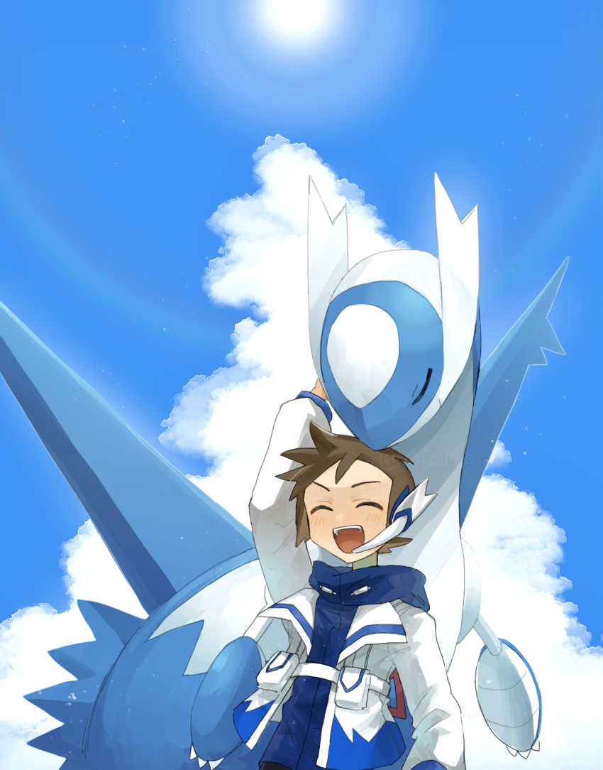1boy, blue_sky, brendan_(pokemon), brendan_(sygna_suit)_(pokemon), brown_hair, closed_eyes, earpiece, hand_on_another's_head